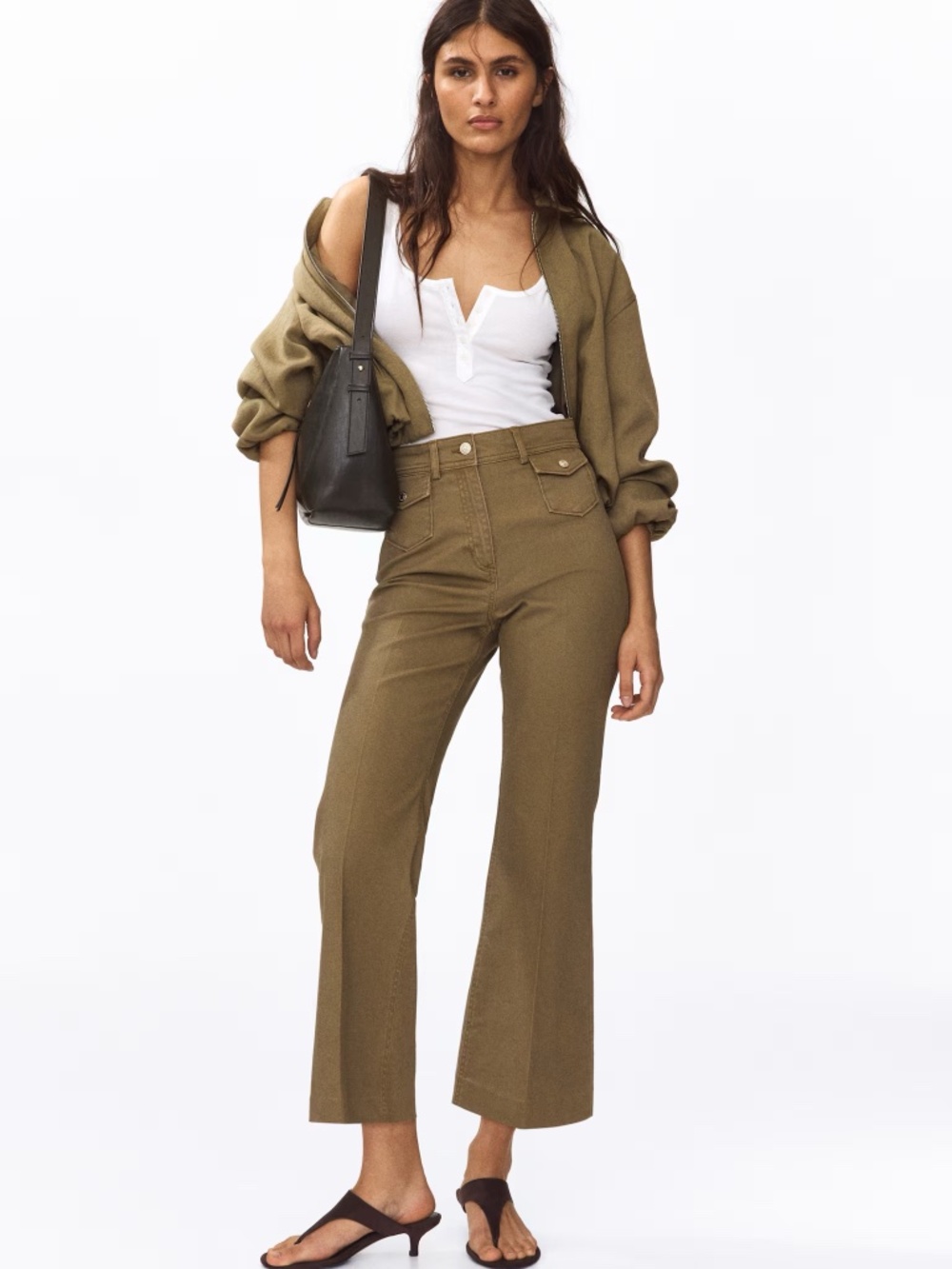 NWT H&M FLARED ANKLE-LENGTH TROUSERS-OLIVE GREEN SIZE 6